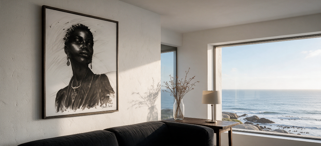 A large black and white framed portrait print of a woman hangs on a white wall in a modern living room with a dark velvet sofa and a large window overlooking the ocean.